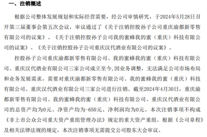 ST渝都拟注销控股子公司重庆渝都新零售、我的蜜蜂我的蜜（重庆）科技、汉代酒业(图1)